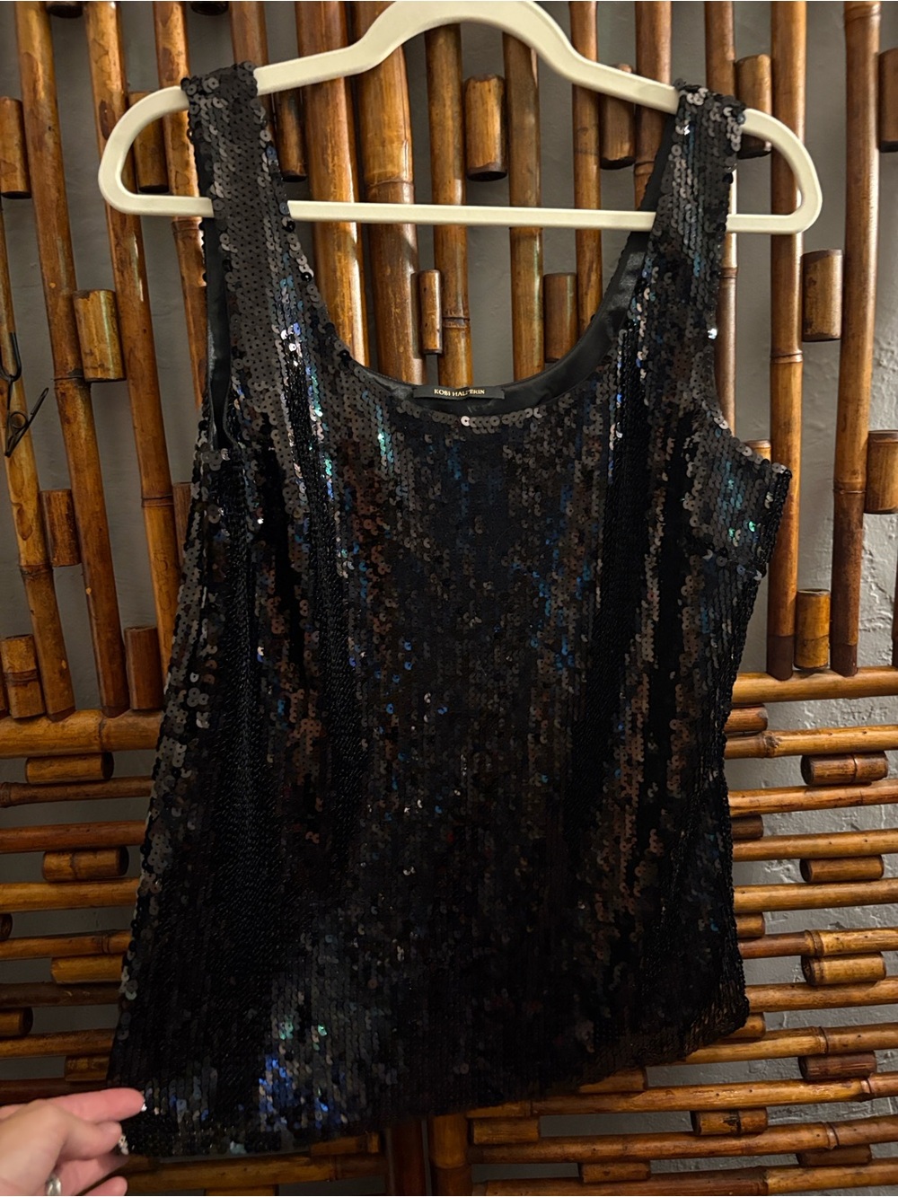 SZ L KOBI HALPERIN ISLA SCOOP WOOL SEQUIN BLACK SEQUIN TANK- DESIGNER
